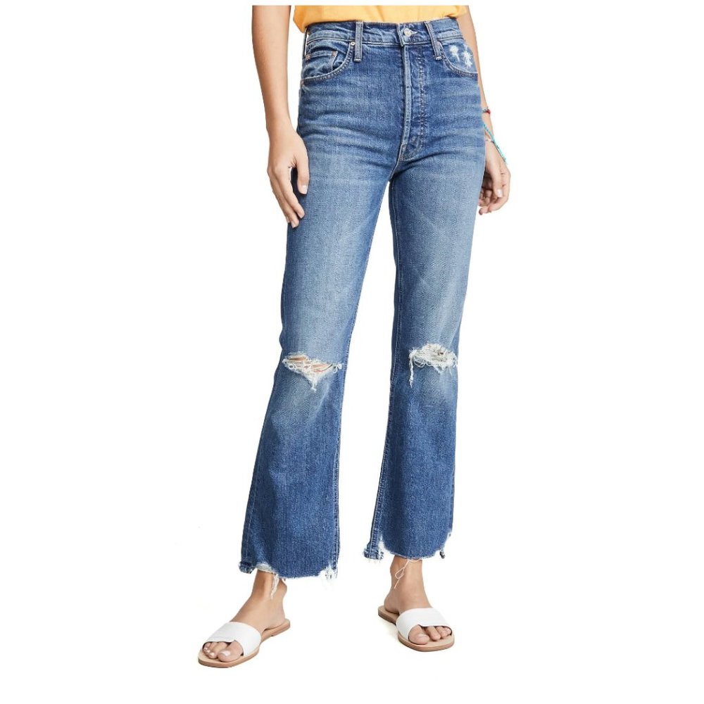 MOTHER High Rise Distressed Blue Flare Jeans